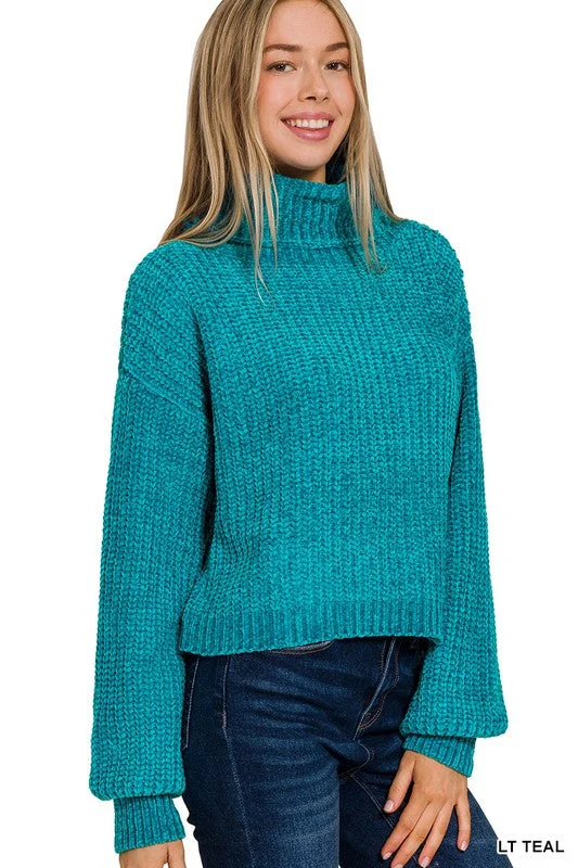 Chenille Turtleneck Sweater -Light Teal