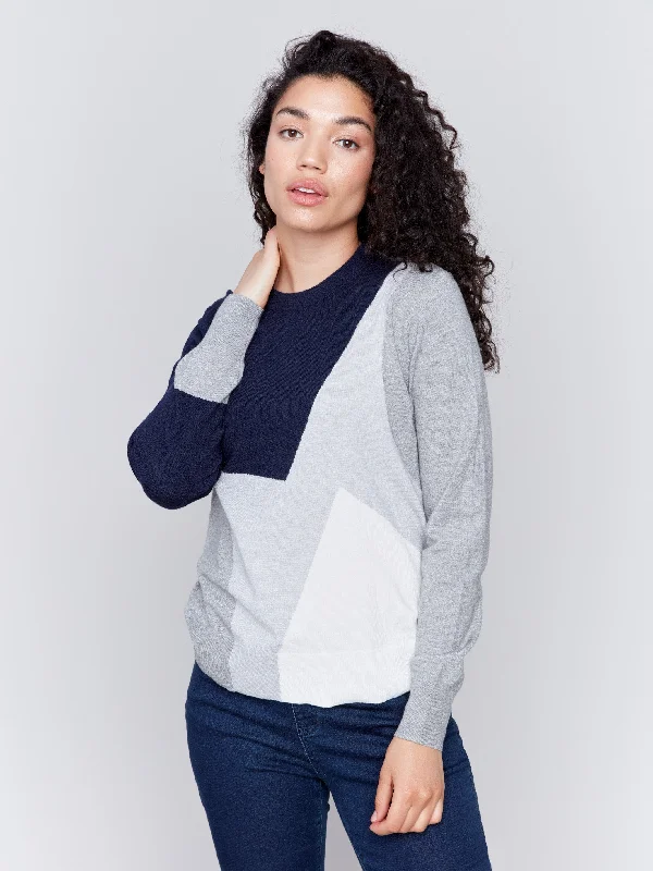 Color Block Crew Neck Sweater - Navy