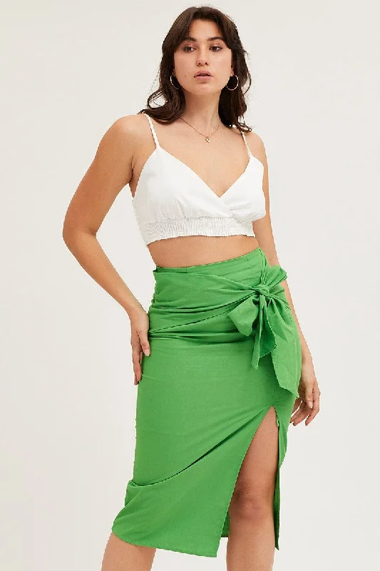 Green Front Tie Midi Skirt