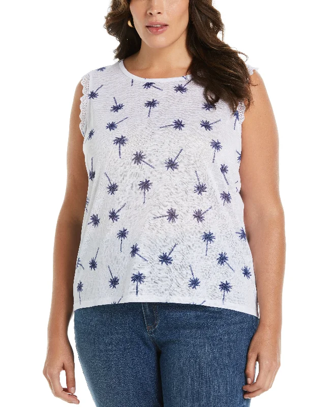 Plus Size Palm Print Crochet Trim Top