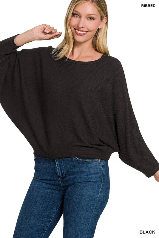 Ribbed Batwing Sweater - Black