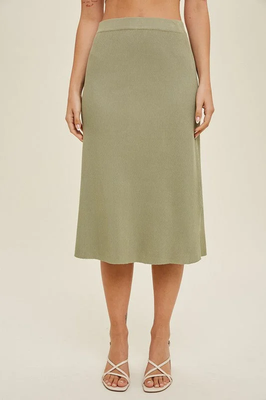 Ribbed Sweater Midi Skirt - Green Tea