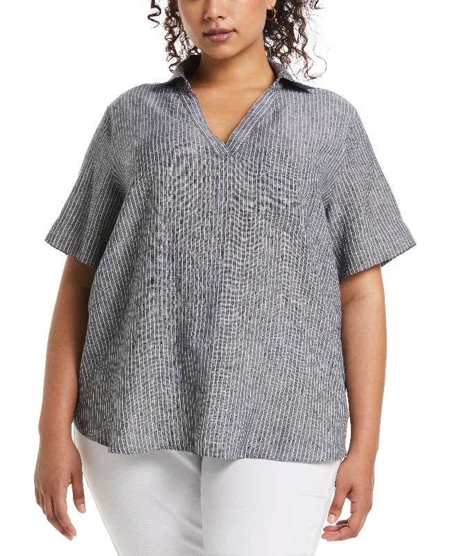 Plus Size Stripe Split Neck Linen Top