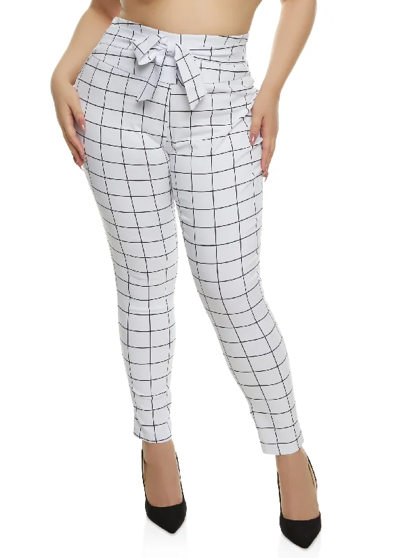 Plus Size Windowpane Print Tie Front Dress Pants