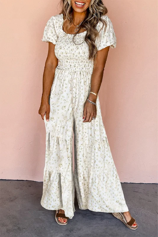 Boho Floral Smocked Wide Leg Short Puff Sleeve Jumpsuit