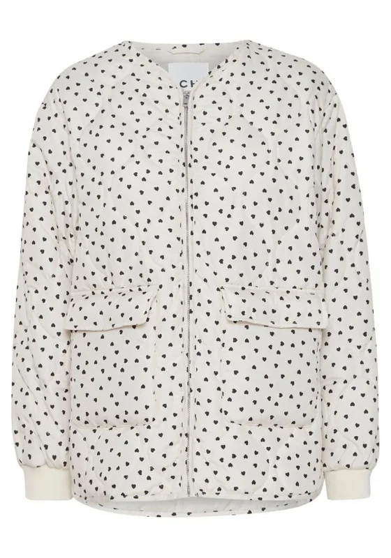 Ichi Fazona Heart Padded Longline Bomber Jacket, Beige