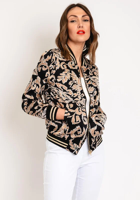 Serafina Collection Feather Print Bomber Jacket, Black