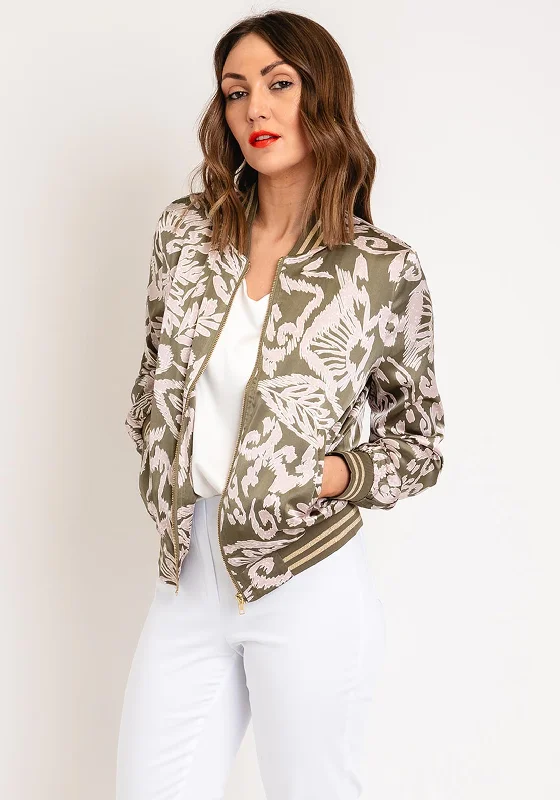 Serafina Collection Feather Print Bomber Jacket, Khaki