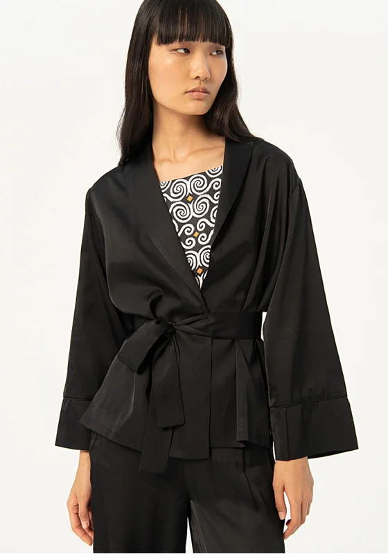 Surkana Plain Satin Kimono Satin Jacket, Black